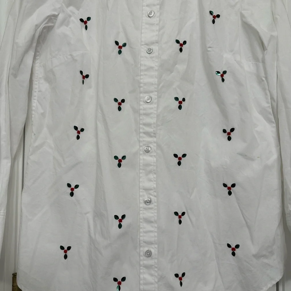 Talbots Women’s Button Down Shirt Small Sequin Holly Berry White Cotton Blouse - Picture 4 of 11
